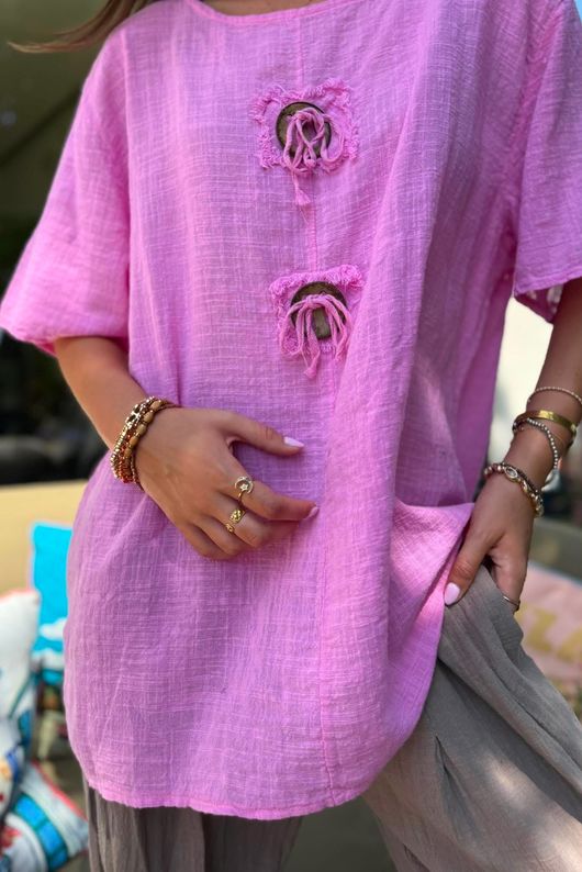 Izi Cheesecloth Button Tee Candy
